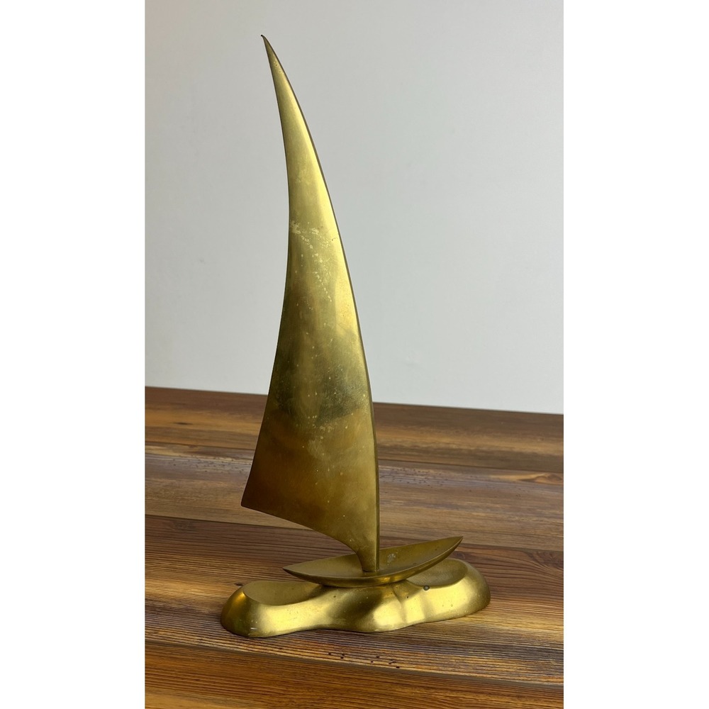 Vintage MCM Solid Brass Sailboat Sculpture Taiwan Nautical Decor 12.5" Tall